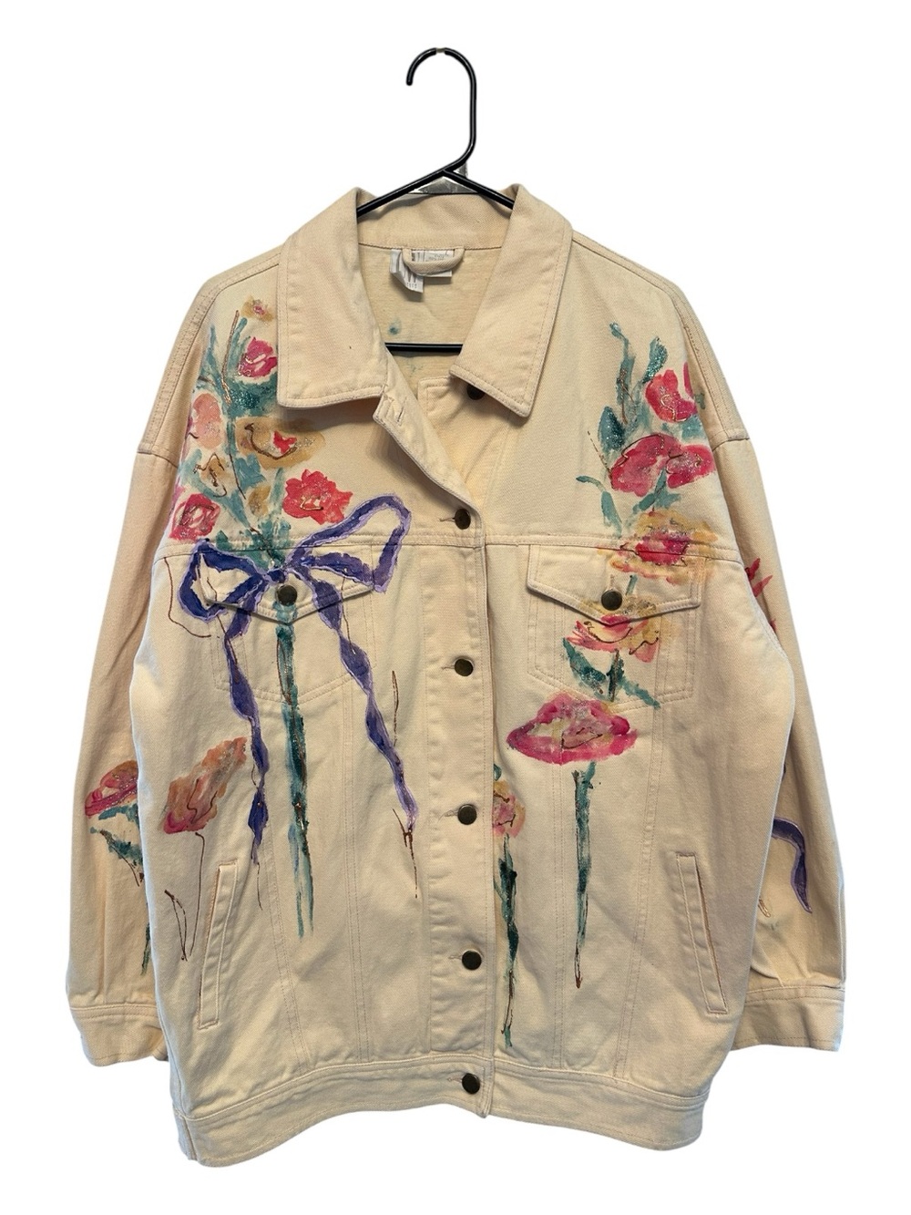 Vintage 80s/90s Handpainted Floral Cream Denim Jacket with Purple Bow Motif OS